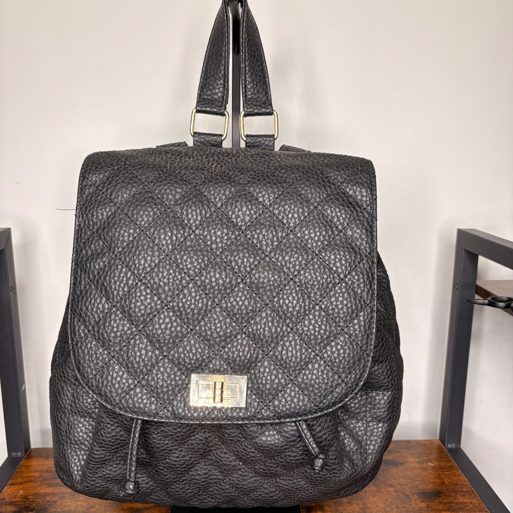 JustFab Black Quilted Backpack Handbag Purse Faux Leather Embossed Turn Lock